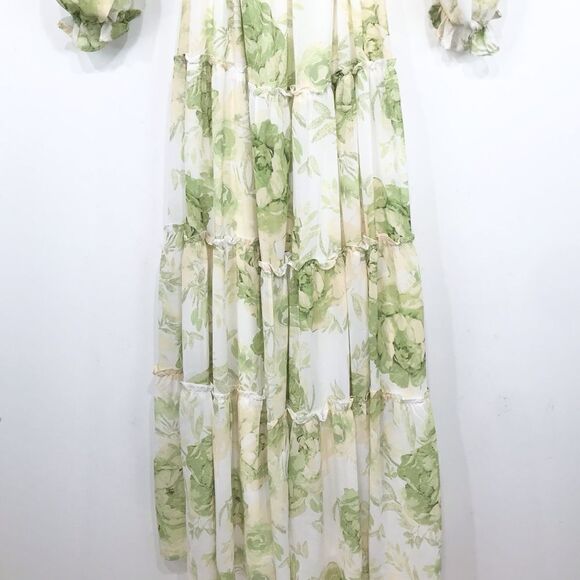 Flying Tomato Cream Green Floral Off Shoulder Flowy Tiered Belted Maxi Dress - Picture 14 of 16